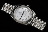 ROLEX DAY-DATE II 41MM 18K WHITE GOLD SILVER ROMAN DIAL FLUTED BEZEL PRESIDENT BRACELET 218239