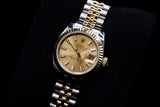 ROLEX LADY-DATEJUST 26MM STAINLESS STEEL & 18K YELLOW GOLD CHAMPAGNE STICK DIAL FLUTED BEZEL JUBILEE BRACELET 179173