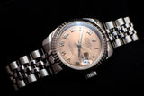 ROLEX LADY-DATEJUST 26MM STAINLESS STEEL SALMON ROMAN DIAL 18K WHITE GOLD FLUTED BEZEL JUBILEE BRACELET 69174