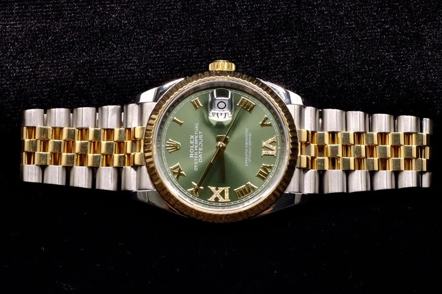 ROLEX DATEJUST 36MM 18K YELLOW GOLD & STEEL OLIVE GREEN ROMAN DIAL ROLEX DATEJUST 36MM 18K YELLOW GOLD & STEEL OLIVE GREEN ROMAN DIAL