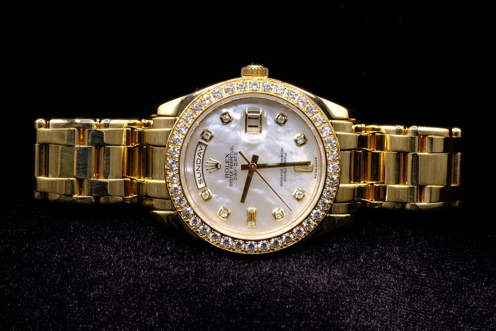 ROLEX DAY-DATE MASTERPIECE 39MM 18K YELLOW GOLD MOTHER OF PEARL