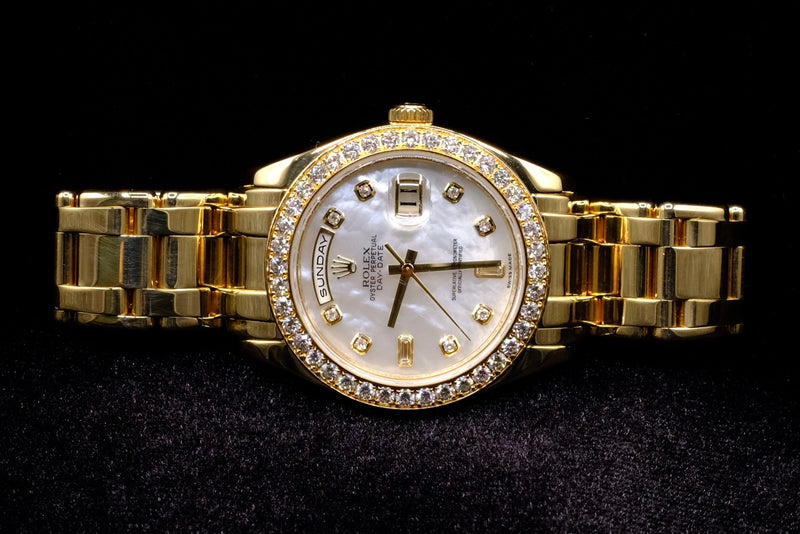 ROLEX DAY-DATE MASTERPIECE 39MM 18K YELLOW GOLD MOTHER OF PEARL