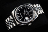 ROLEX DATEJUST 36MM STAINLESS STEEL BLACK STICK DIAL 18K WHITE GOLD FLUTED BEZEL JUBILEE BRACELET 116234