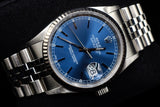 ROLEX DATEJUST 36MM STAINLESS STEEL BLUE STICK DIAL 18K WHITE GOLD FLUTED BEZEL JUBILEE BRACELET 16234