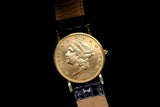 CORUM $20 DOUBLE EAGLE COIN WATCH 35MM 18K YELLOW GOLD 1898 LIBERTY COIN BLACK LEATHER STRAP AUTOMATIC