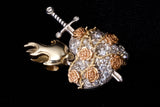 14K TRI-COLOR GOLD 1.00 CTW DIAMOND PAVÉ SACRED HEART WITH ROSES & SWORD PENDANT