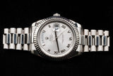 ROLEX DAY-DATE II 41MM 18K WHITE GOLD SILVER ROMAN DIAL FLUTED BEZEL PRESIDENT BRACELET 218239