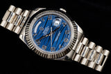 ROLEX DAY-DATE II 41MM 18K WHITE GOLD BLUE WAVE ARABIC DIAL FLUTED BEZEL PRESIDENT BRACELET 218239