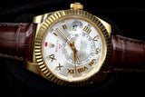 ROLEX SKY-DWELLER 42MM 18K YELLOW GOLD SILVER ROMAN DIAL LEATHER STRAP 326138