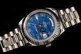 ROLEX DAY-DATE II 41MM 18K WHITE GOLD BLUE WAVE ARABIC DIAL FLUTED BEZEL PRESIDENT BRACELET 218239