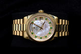 ROLEX DAY-DATE PRESIDENT 36MM 18K YELLOW GOLD MOTHER OF PEARL EMERALD DIAMOND DIAL 118238