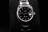 ROLEX OYSTER PERPETUAL DATE 34MM STAINLESS STEEL BLACK STICK DIAL 18K WHITE GOLD FLUTED BEZEL OYSTER BRACELET 115234