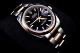 ROLEX DATEJUST 36MM TWO-TONE STAINLESS STEEL & 18K EVEROSE GOLD BLACK STICK DIAL ROULETTE DATE SMOOTH BEZEL OYSTER BRACELET 116201