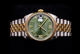 ROLEX DATEJUST 36MM 18K YELLOW GOLD & STEEL OLIVE GREEN ROMAN DIAL JUBILEE 126233