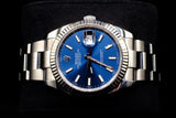 ROLEX DATEJUST 41MM OYSTERSTEEL & 18K WHITE GOLD BLUE STICK DIAL FLUTED BEZEL OYSTER BRACELET 126334