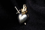 14K TRI-COLOR GOLD 1.00 CTW DIAMOND PAVÉ SACRED HEART WITH ROSES & SWORD PENDANT