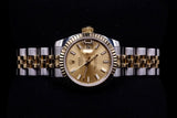 ROLEX LADY-DATEJUST 26MM STAINLESS STEEL & 18K YELLOW GOLD CHAMPAGNE STICK DIAL FLUTED BEZEL JUBILEE BRACELET 179173