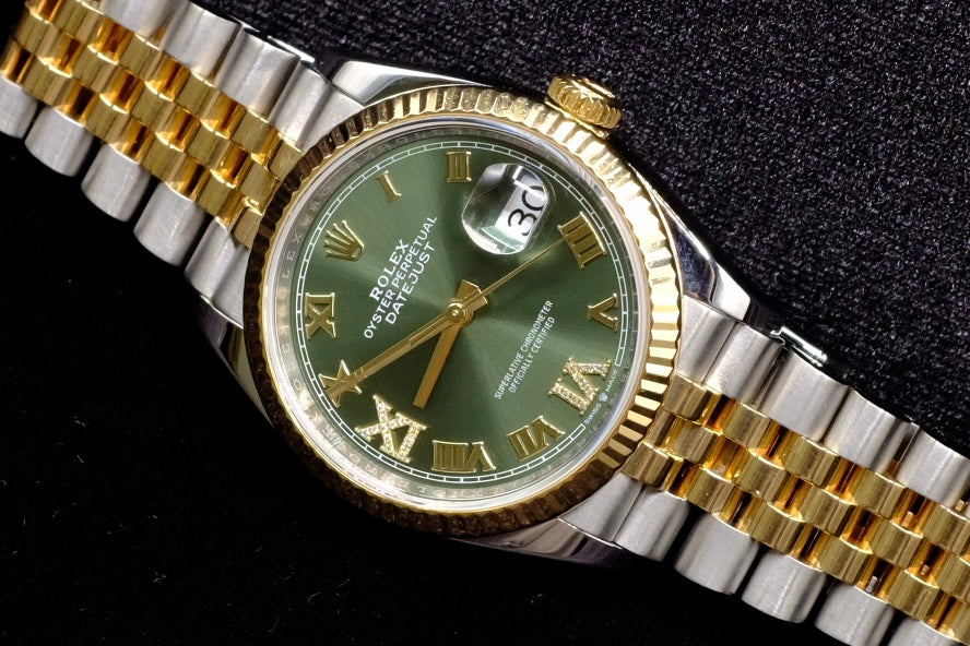 ROLEX DATEJUST 36MM 18K YELLOW GOLD & STEEL OLIVE GREEN ROMAN DIAL