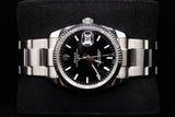 ROLEX OYSTER PERPETUAL DATE 34MM STAINLESS STEEL BLACK STICK DIAL 18K WHITE GOLD FLUTED BEZEL OYSTER BRACELET 115234