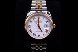 ROLEX DATEJUST 36MM TWO-TONE STAINLESS STEEL & 18K EVEROSE GOLD WHITE ROMAN DIAL FLUTED BEZEL JUBILEE BRACELET 116231