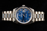 ROLEX DAY-DATE II 41MM 18K WHITE GOLD BLUE WAVE ARABIC DIAL FLUTED BEZEL PRESIDENT BRACELET 218239