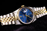 ROLEX DATEJUST 36MM 18K YELLOW GOLD & STEEL BLUE INDEX DIAL JUBILEE 16233