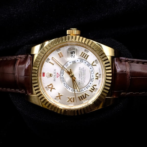 ROLEX SKY-DWELLER 42MM 18K YELLOW GOLD SILVER ROMAN DIAL LEATHER