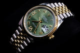 ROLEX DATEJUST 36MM 18K YELLOW GOLD & STEEL OLIVE GREEN ROMAN DIAL JUBILEE 126233