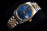 ROLEX DATEJUST 36MM 18K YELLOW GOLD & STEEL BLUE INDEX DIAL JUBILEE 16233