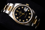 ROLEX DATEJUST 36MM STAINLESS STEEL & 18K YELLOW GOLD BLACK FACTORY DIAMOND DIAL FLUTED BEZEL OYSTER BRACELET 16233