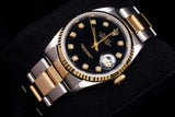 ROLEX DATEJUST 36MM STAINLESS STEEL & 18K YELLOW GOLD BLACK FACTORY DIAMOND DIAL FLUTED BEZEL OYSTER BRACELET 16233